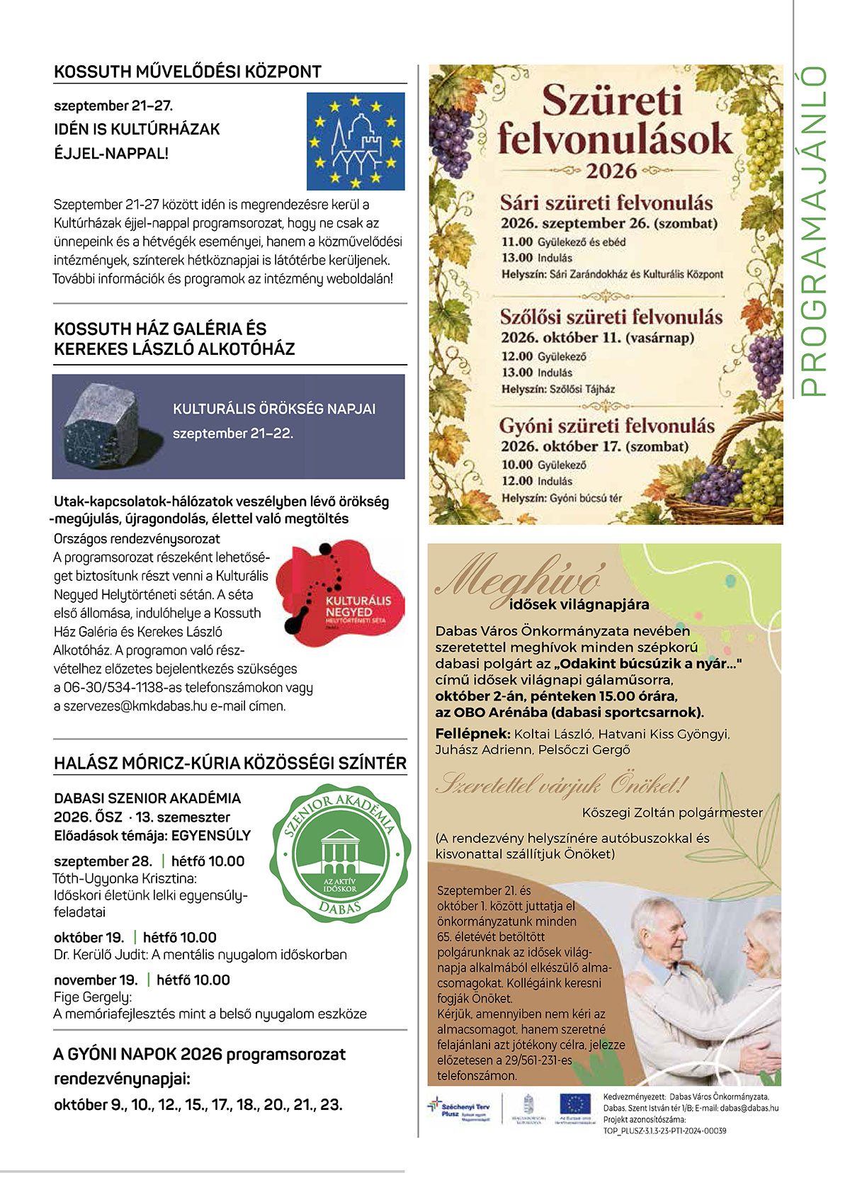 2026.  szeptember havi programok