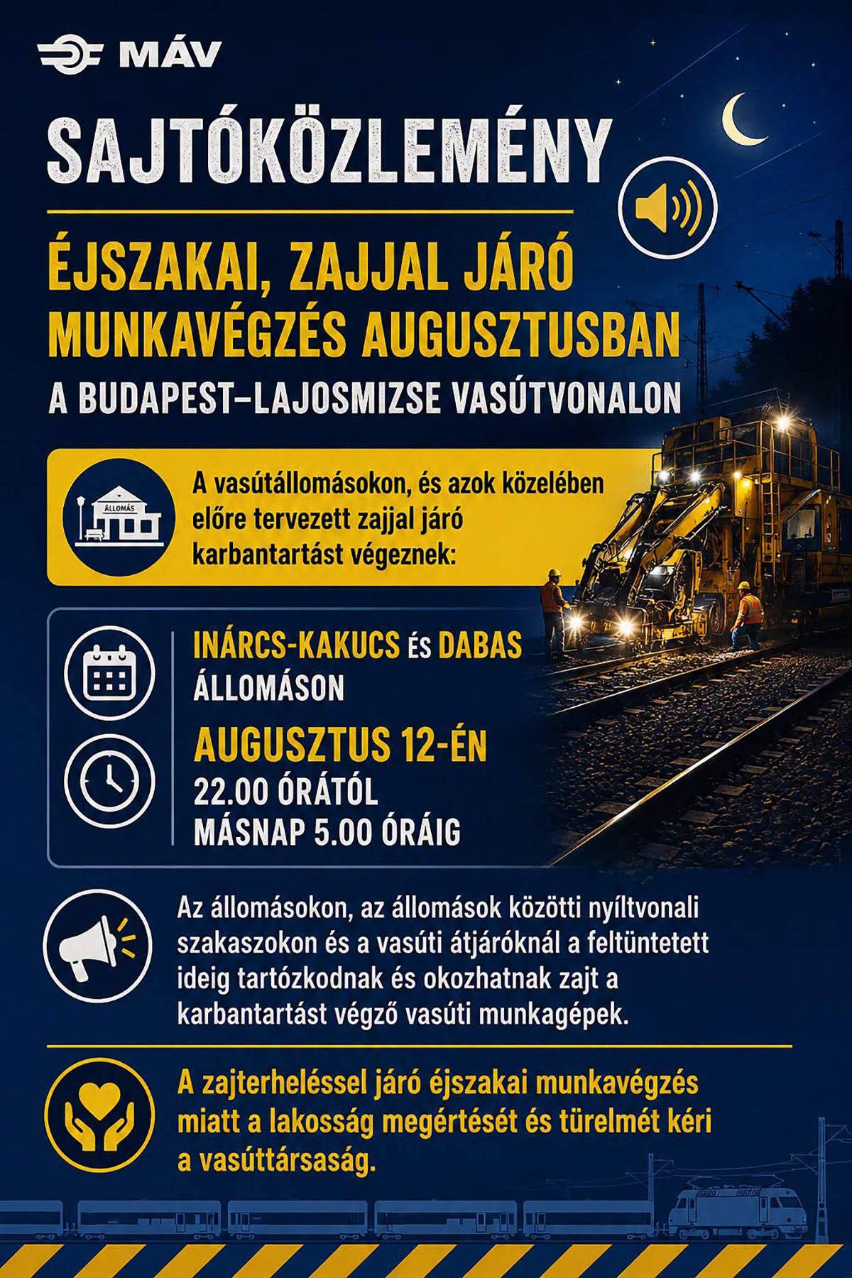 Éjszakai, zajjal járó munkavégzés augusztusban a lajosmizsei vonalon