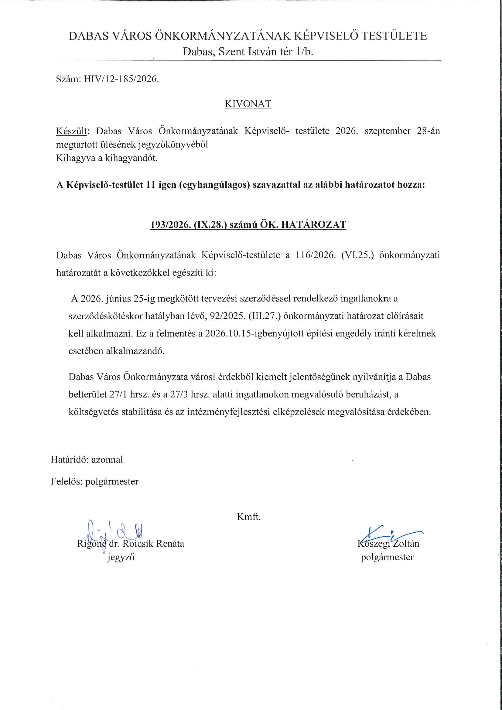Önkormányzati határozat a csatornabekötésről