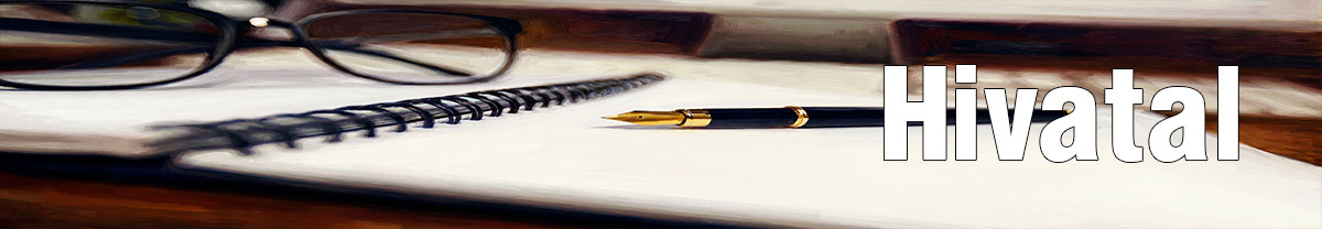 Hivatali oldalak header képe, ami illusztráció a tartalomhoz és egy kinyitott füzetet rajta egy tollal és egy szemüveggel mutat.